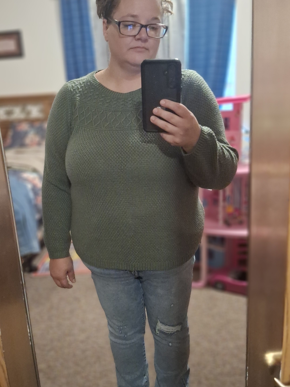 croft & barrow Olive Green Textured Crew Neck Sweater
